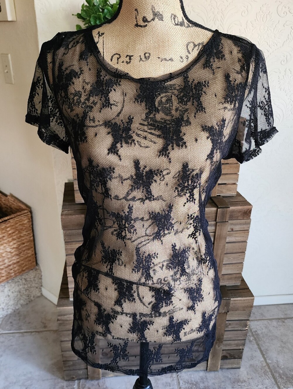 Pink Lily- Sheer Black Lace Short-Sleeve Women's Top